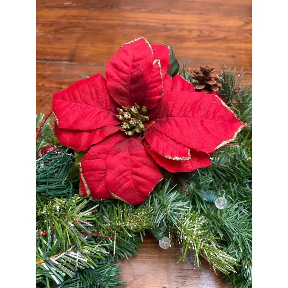 Handmade Large 26” Christmas Wreath Butterfly Lights Beads Poinsettia Wire Back